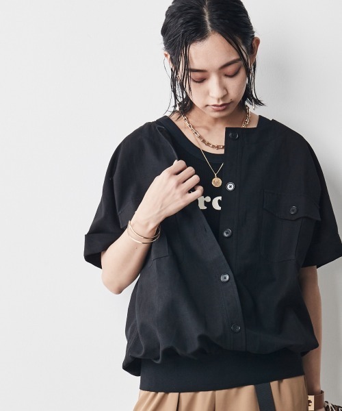 CHIC STYLE（シックスタイル）の「＜大きいサイズ＞裾リブワークシャツ シックスタイル（シャツ/ブラウス・レディース・ブラック/モカ・5L/L/4L/3L/LL）」の6枚目の写真