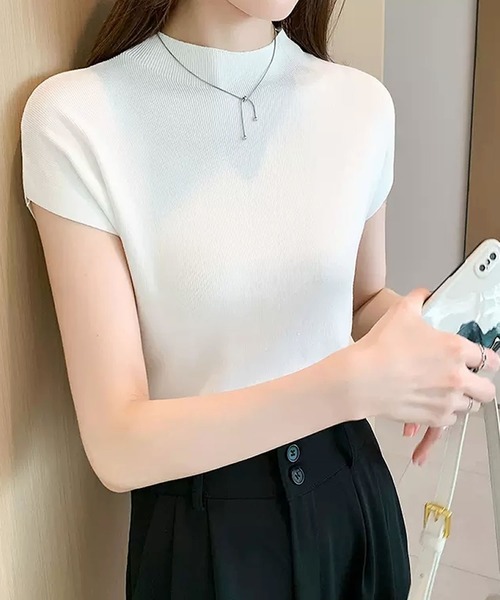 フレンチスリーブモックネックサマーニットトップス