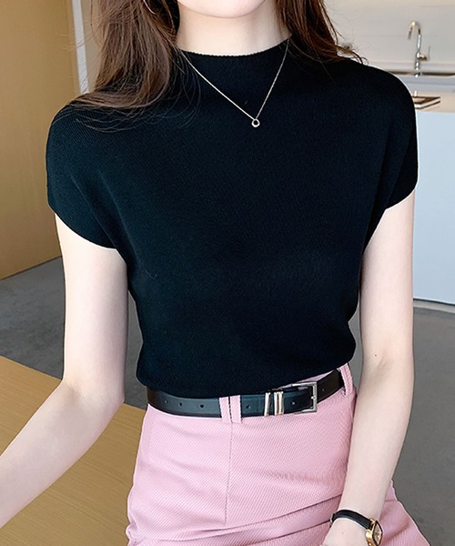 フレンチスリーブモックネックサマーニットトップス