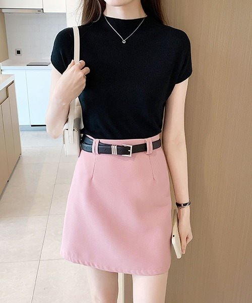 フレンチスリーブモックネックサマーニットトップス