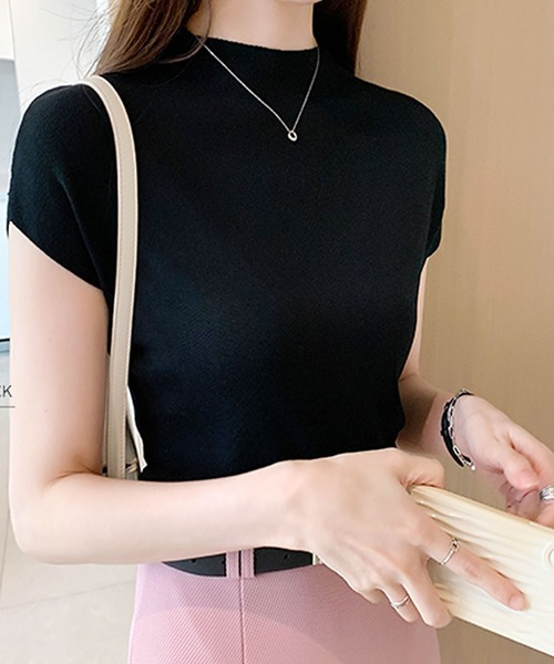 フレンチスリーブモックネックサマーニットトップス