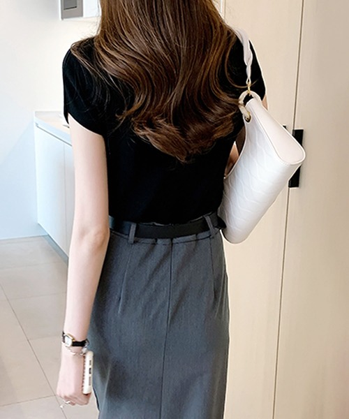 フレンチスリーブモックネックサマーニットトップス