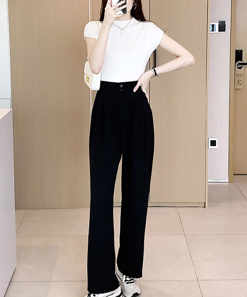 フレンチスリーブモックネックサマーニットトップス