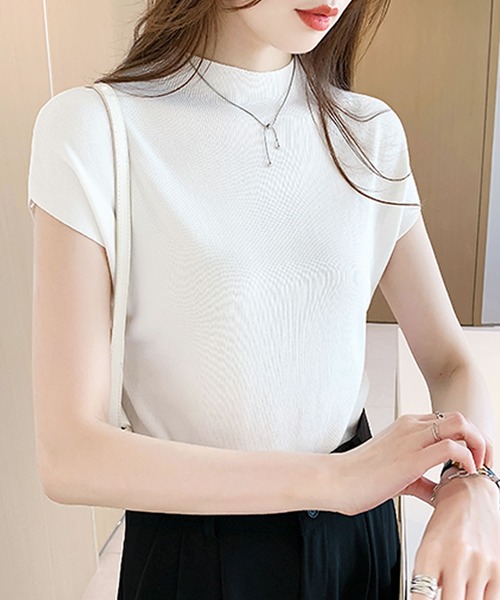 フレンチスリーブモックネックサマーニットトップス