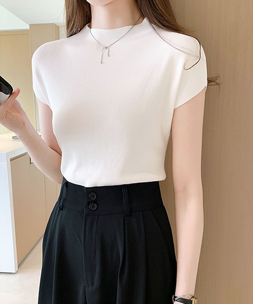 フレンチスリーブモックネックサマーニットトップス