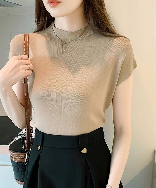 フレンチスリーブモックネックサマーニットトップス