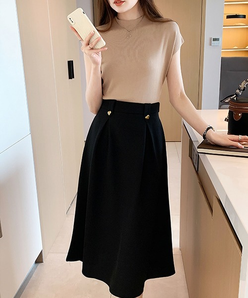 フレンチスリーブモックネックサマーニットトップス