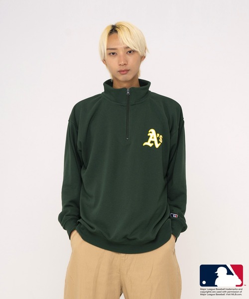 MLB(メジャーリーグベースボール)の「MLB/メジャーリーグベースボール WEB限定 別注 エムエルビー ロゴ刺繍 ツイルワッペン ラバープリント 球団ロゴ オーバーサイズ 長袖 ハーフジップ パーカー 裏毛(スウェット・メンズ・オフホワイト/グリーン/ネイビー/ブラック/グレー・M/LL/L)」の10枚目の写真