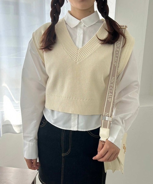 one after another NICE CLAUP（ワンアフターアナザーナイスクラップ）の「シャツ×ニットベストセット（ベスト・レディース・アイボリー/ネイビー/グレー・FREE）」の2枚目の写真