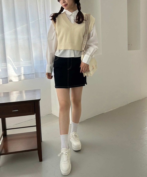 one after another NICE CLAUP（ワンアフターアナザーナイスクラップ）の「シャツ×ニットベストセット（ベスト・レディース・アイボリー/ネイビー/グレー・FREE）」の10枚目の写真