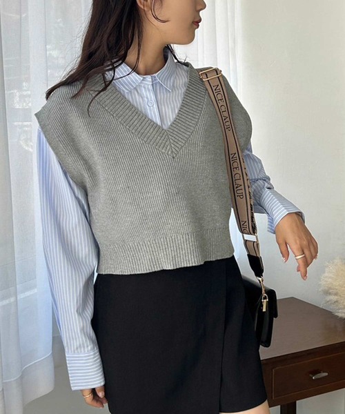 one after another NICE CLAUP（ワンアフターアナザーナイスクラップ）の「シャツ×ニットベストセット（ベスト・レディース・アイボリー/ネイビー/グレー・FREE）」の5枚目の写真