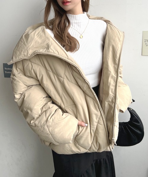 Futier land（フューティアランド）の「ビッグダイヤキルトフェイクダウン（ダウンジャケット/コート・レディース・ライトカーキ/ブラック/グレイッシュベージュ・MEDIUM）」の18枚目の写真