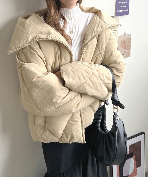 Futier land（フューティアランド）の「ビッグダイヤキルトフェイクダウン（ダウンジャケット/コート・レディース・ライトカーキ/ブラック/グレイッシュベージュ・MEDIUM）」の17枚目の写真