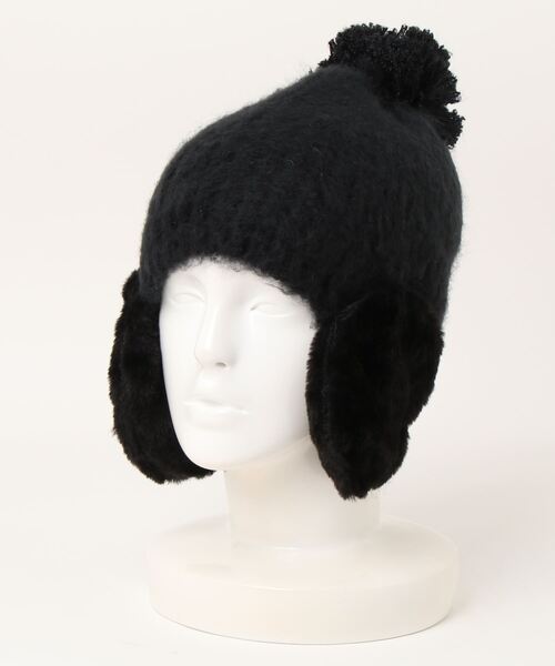 ブラック ファー付きニット帽 Chick ニット帽 ニットキャップ Bear Look Knit cap / クマ耳