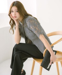 Retica（レティカ）の「パーティードレス パンツスタイル セットアップ ホワイトパール レーススリーブ 切替トップス ワイドパンツ 五分袖 結婚式 パンツドレス 大きいサイズ 20代 30代 お呼ばれ（パンツドレス）」