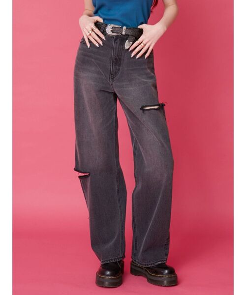 EVRIS（エヴリス）の「アシメカッティングセミワイドデニムパンツ（デニムパンツ・レディース・インディゴブルー/ライトブルー/ブラック・MEDIUM/SMALL）」の2枚目の写真