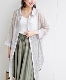 シワ加工花柄7分袖ロングブラウス