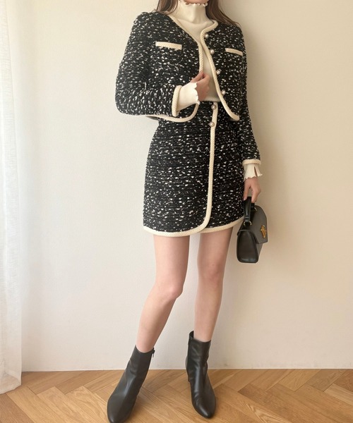 DEICY（デイシー）の「ツイードパイピングジャケット（ノーカラージャケット・レディース・ブラック/ベビーピンク/オフホワイト・1/0）」の9枚目の写真