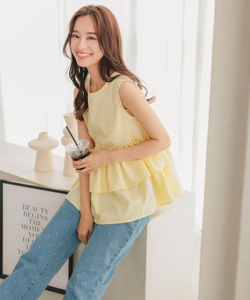 KOBE LETTUCE（コウベレタス）の「ティアードペプラムトップス（シャツ/ブラウス・レディース・ブラック/オフホワイト/イエロー系・M）」の8枚目の写真