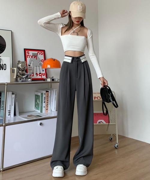 LAC-VERT（ラック・ヴェール）の「ウエスト折り返しラインスラックス（スラックス・レディース・ブラック/グレー・M/L）」の3枚目の写真