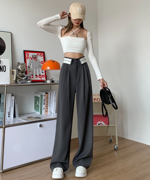 LAC-VERT（ラック・ヴェール）の「ウエスト折り返しラインスラックス（スラックス・レディース・ブラック/グレー・M/L）」の8枚目の写真