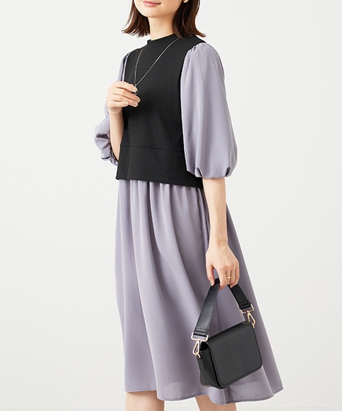 BELLUNA PLUS(ベルーナ)の「ベルト使い異素材切替ワンピ―ス(ワンピース・レディース・ストライプ/ブルー系/ベージュ系・MEDIUM/LARGE/X-LARGE)」の2枚目の写真