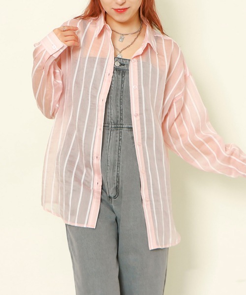 GORGE(ゴージ)の「《ストライプ×シアー素材》レディース 長袖シャツ 羽織り ビッグシルエット 春夏秋(シャツ/ブラウス・レディース・ピンク/イエロー/ブルー/オフホワイト・F)」の4枚目の写真
