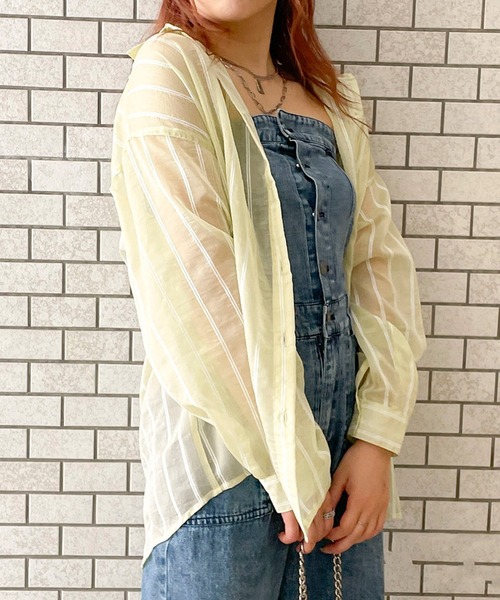 GORGE(ゴージ)の「《ストライプ×シアー素材》レディース 長袖シャツ 羽織り ビッグシルエット 春夏秋(シャツ/ブラウス・レディース・ピンク/イエロー/ブルー/オフホワイト・F)」の9枚目の写真