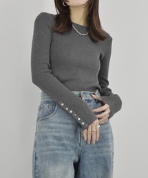 ボタンスリーブラメリブニット /ニット ニットトップス リブニット スリーブ ボタンスリープ 長袖 春服 秋服 きれいめ カジュアル シンプル 無地 オフィスカジュアル