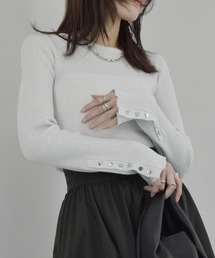 ボタンスリーブラメリブニット /ニット ニットトップス リブニット スリーブ ボタンスリープ 長袖 春服 秋服 きれいめ カジュアル シンプル 無地 オフィスカジュアル