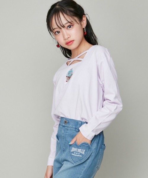 JENNI belle(ジェニィベル)の「【WEB限定】【コットン100%】スクエアクロスロンT(Tシャツ/カットソー・キッズ・ラベンダー/ブラック/オフホワイト・120cm/150cm/140cm/130cm)」の1枚目の写真