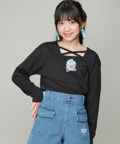 JENNI belle(ジェニィベル)の「【WEB限定】【コットン100%】スクエアクロスロンT(Tシャツ/カットソー・キッズ・ラベンダー/ブラック/オフホワイト・120cm/150cm/140cm/130cm)」の3枚目の写真