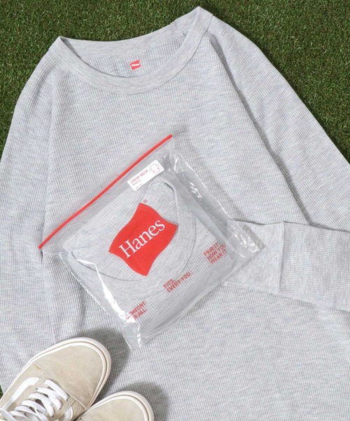 HANES(ヘインズ)の「Hanes(ヘインズ)ワッフル ラグランクルーネックロンT レディース/長袖Tシャツ/パックT/サーマルロンT(Tシャツ/カットソー・レディース・オフホワイト/ネイビー/ブラック/グレー・FREE)」の1枚目の写真