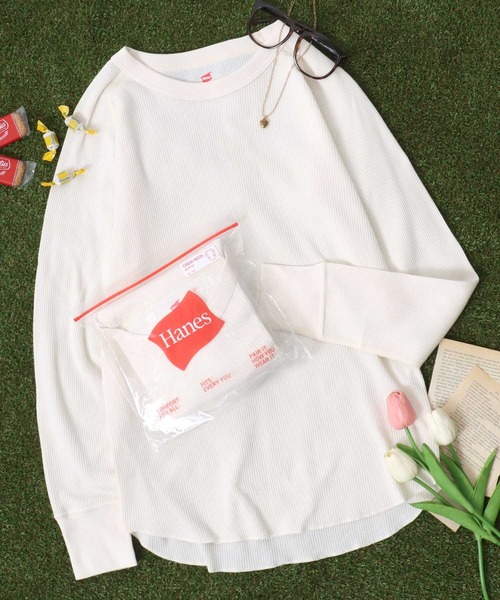 HANES(ヘインズ)の「Hanes(ヘインズ)ワッフル ラグランクルーネックロンT レディース/長袖Tシャツ/パックT/サーマルロンT(Tシャツ/カットソー・レディース・オフホワイト/ネイビー/ブラック/グレー・FREE)」の5枚目の写真