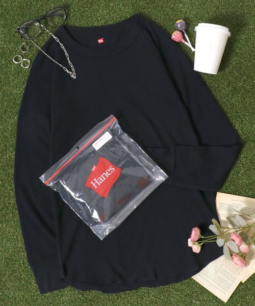 HANES(ヘインズ)の「Hanes(ヘインズ)ワッフル ラグランクルーネックロンT レディース/長袖Tシャツ/パックT/サーマルロンT(Tシャツ/カットソー・レディース・オフホワイト/ネイビー/ブラック/グレー・FREE)」の6枚目の写真