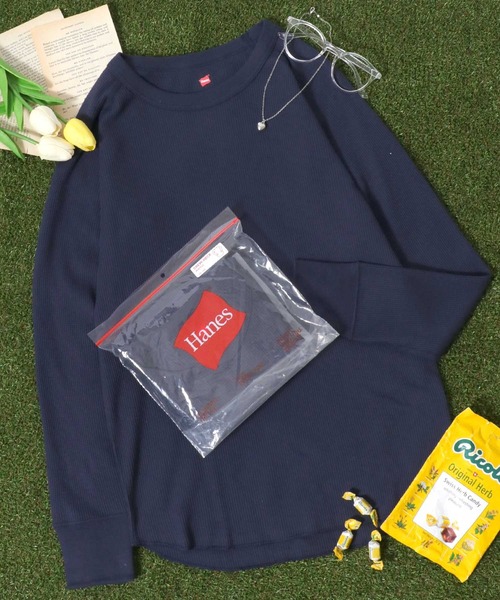 HANES(ヘインズ)の「Hanes(ヘインズ)ワッフル ラグランクルーネックロンT レディース/長袖Tシャツ/パックT/サーマルロンT(Tシャツ/カットソー・レディース・オフホワイト/ネイビー/ブラック/グレー・FREE)」の8枚目の写真