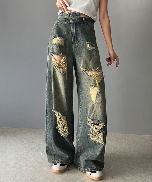 Y's アシンメトリー ワイドデニム ウォッシュ加工 サイズ1 セール】《Javaジャバコラボ》主役を飾る1本。アシメトリー