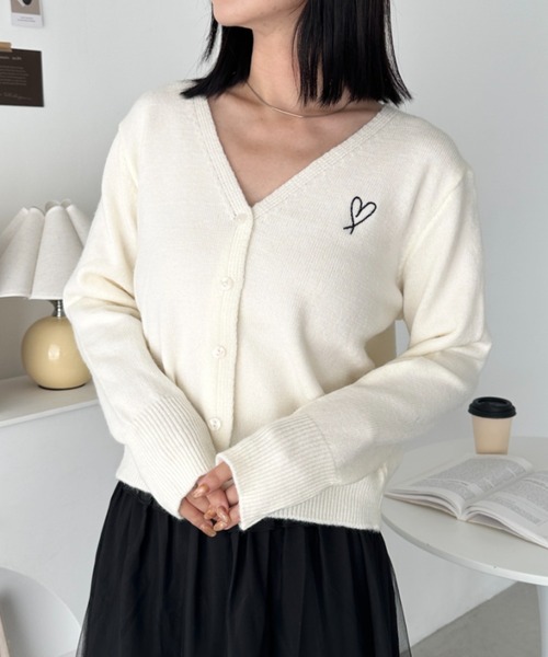 ホワイト カーディガン ハート A刺繍 ホワイト ウール Ami De Coeur カーディガン オフホワイト/ レッド
