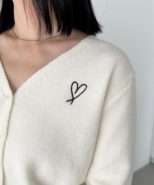 セール】ハート刺繍Vネックニットカーディガン（カーディガン/ボレロ