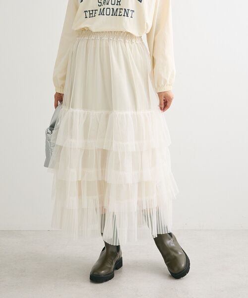 Green　Parks（グリーンパークス）の「2wayチュールティアードフリルスカート(ペチ付き)（スカート・レディース・アイボリー/ブラック/グレー・FREE）」の4枚目の写真