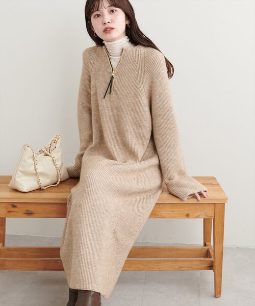 natural couture（ナチュラルクチュール）の「ZIP付き畦ニットワンピース（ワンピース・レディース・モカ/ブルー/アイボリー/カーキ/ブラック・FREE）」の6枚目の写真