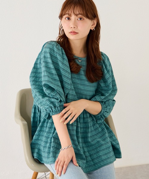 LAVEANGE（ラビアンジェ）の「【洗える】シアーチェックギャザーチュニック（シャツ/ブラウス・レディース・ブラック/オフホワイト/グリーン・M/LL/3L/4L/5L）」の21枚目の写真