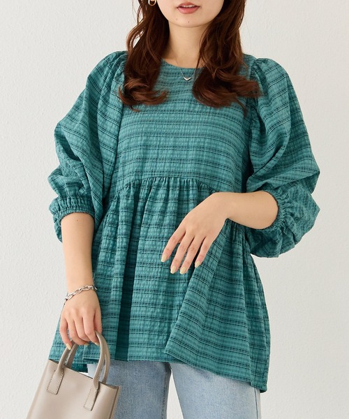 LAVEANGE（ラビアンジェ）の「【洗える】シアーチェックギャザーチュニック（シャツ/ブラウス・レディース・ブラック/オフホワイト/グリーン・M/LL/3L/4L/5L）」の22枚目の写真