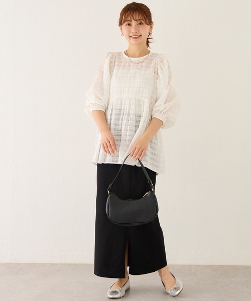 LAVEANGE（ラビアンジェ）の「【洗える】シアーチェックギャザーチュニック（シャツ/ブラウス・レディース・ブラック/オフホワイト/グリーン・M/LL/3L/4L/5L）」の9枚目の写真