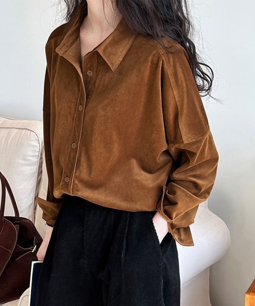 Miniministore(ミニミニストア)の「コーデュロイシャツレディース 長袖シャツ(シャツ/ブラウス・レディース・キャメル/アイボリー/スモークピンク/グレー・FREE)」の7枚目の写真