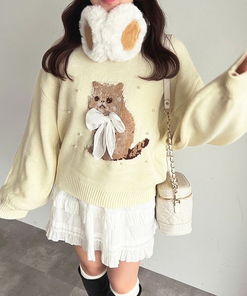 セール】アソート猫パールリボンニット【ZOZOTOWN限定アイテム