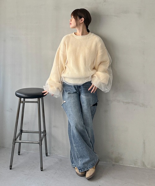 feepur（フェピュール）の「【ハンドウォッシャブル】チュールレイヤードニット（ニット/セーター・レディース・杢グレー/オフホワイト/イエロー/ブラック・MEDIUM）」の6枚目の写真