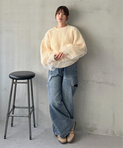 feepur（フェピュール）の「【ハンドウォッシャブル】チュールレイヤードニット（ニット/セーター・レディース・杢グレー/オフホワイト/イエロー/ブラック・MEDIUM）」の7枚目の写真