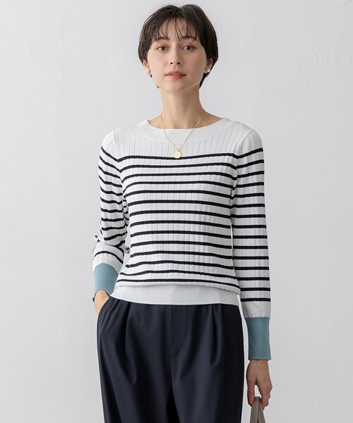 23区 L(ニジュウサンクオオキイサイズ)の「【洗える】シルキーレーヨンワイドリブ ニット(ニット/セーター・レディース・ネイビー系/ホワイト系/ブラック系1/ネイビー系1・48/46/44)」の1枚目の写真