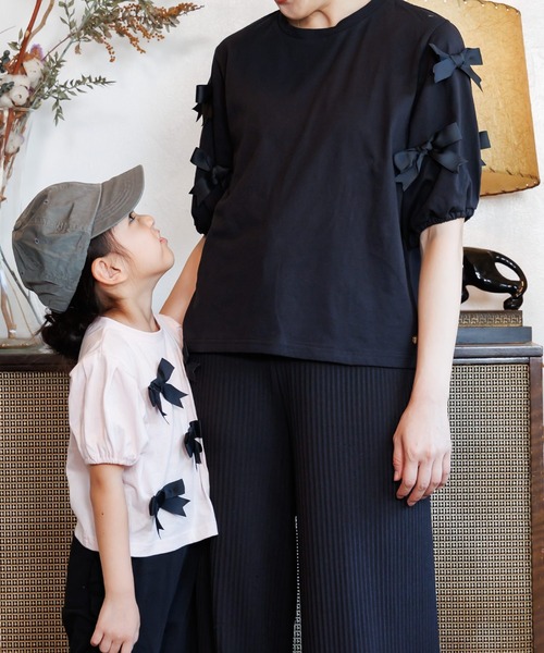 MAKE YOUR DAY(メイクユアデイ)の「ママとおそろい リボンパフスリーブ半袖Tシャツ■ママサイズ(Tシャツ/カットソー・レディース・オフホワイト/ブラック/ピンク・FREE)」の5枚目の写真